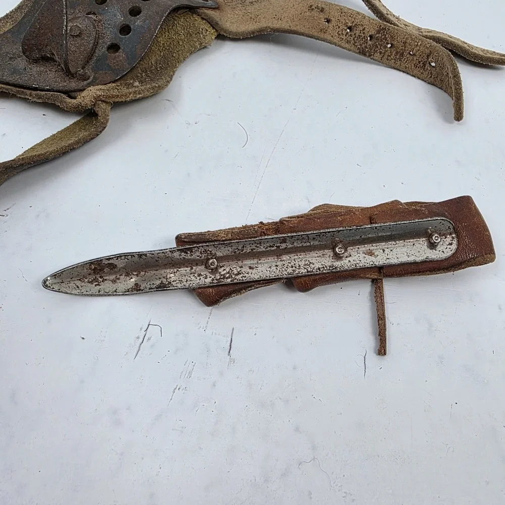 Antique Primitive Set of 2 Corn Husker Shucker Hand Farm Tool Metal Leather